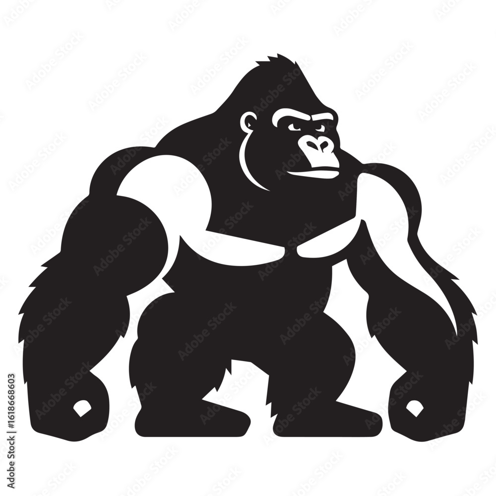 Obraz premium Silhouette Style Vector Minimal Gorilla Logo Design – Modern and Bold Graphic Template for Wildlife Conservation, Fitness Brands, Tech Companies, Apparel, and Strong Business Identity in EPS Format