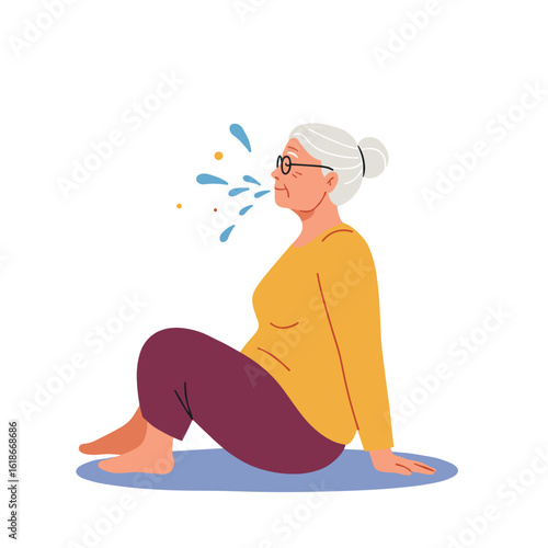 Elderly woman doing breathing exercises while sitting on the floor  