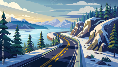 In travelling the Island Highway in winter; Vancouver Island, British Columbia, Canada, quiet landscapes unfold beneath pale skies. Semi-realistic textures show frost-covered pines, gentle slopes, and