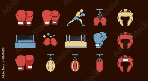 Boxing Sport Icon Set, Combat Training Vector Pack, Editable Fighter Equipment Icons
