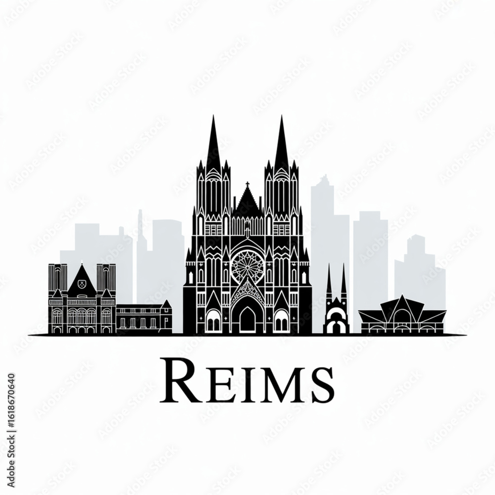 Fototapeta premium Reims Skyline Silhouette - Historic French Cathedral City Vector Illustration