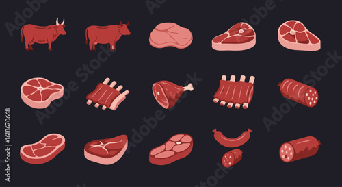 Meat Cuts Icon Set, Butcher Shop Food Vector Pack, Editable Protein Raw Material Icons