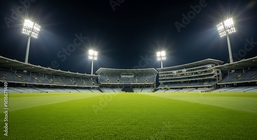 Illuminated empty cricket stadium at night with artificial lighting