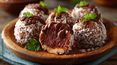 Delicious Chocolate Coconut Balls with Mint on Wooden Plate, Close-up