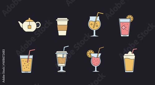 Beverage Drink Icon Set, Coffee Tea Juice Vector Pack, Editable Cafe Refreshment Icons