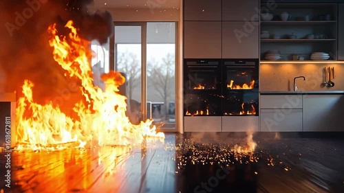 A kitchen with a fire burning in the middle of it