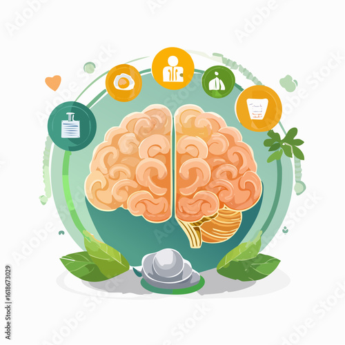 A healthy brain surrounded by lifestyle icons representing nutrition, hydration, hygiene, and social well-being.