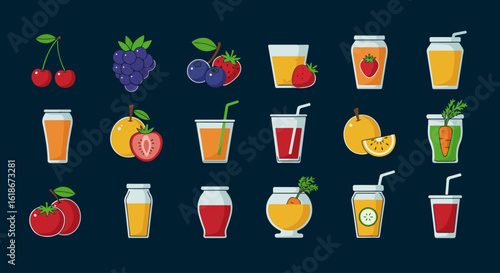 Fruit Juice Beverage Icon Set, Healthy Drink Vector Pack, Editable Fresh Liquid Icons