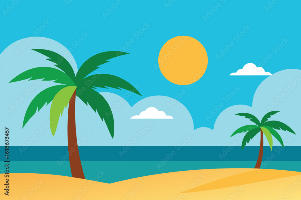 Obraz premium a vibrant illustration of a tropical beach scene with palm trees, the sun, and clouds over the ocean, evoking a sense of summer vacation and relaxation vector illustration