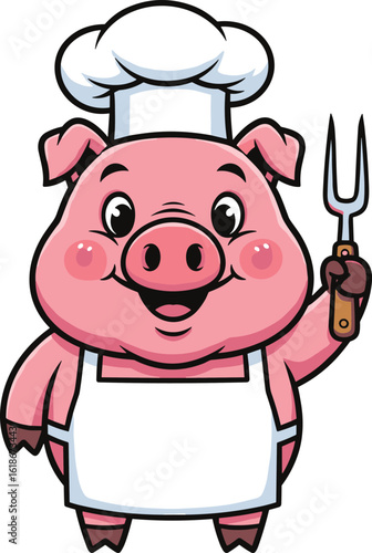 PrintCartoon pig chef, cute animal mascot, wearing apron and chef hat, holding meat fork, food illustration, culinary character, restaurant design