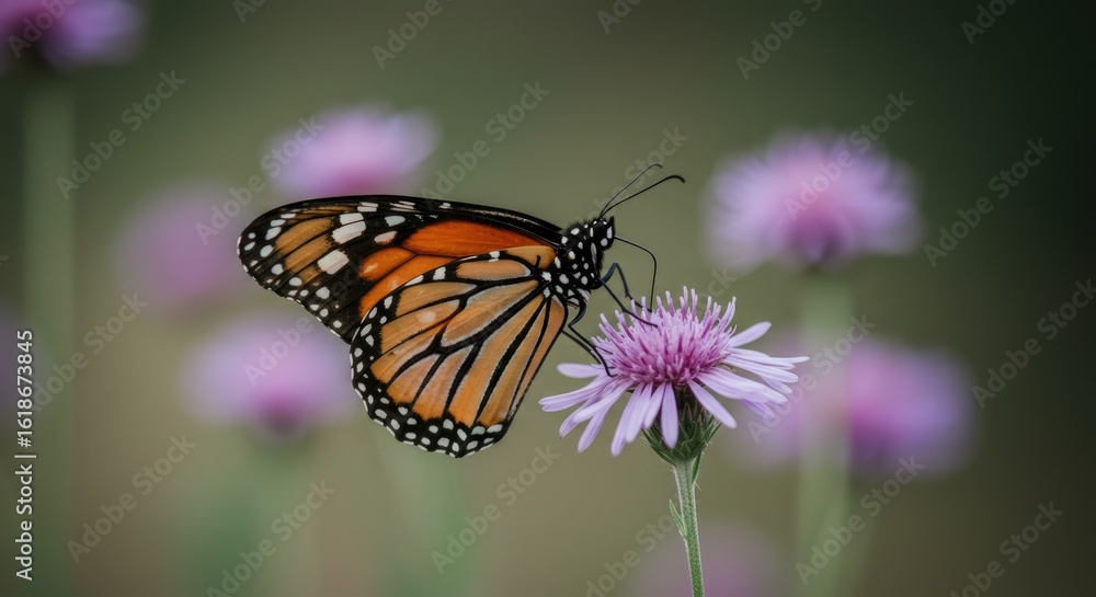 Obraz premium Monarch Butterfly on Purple Flower: Nature's Delicate Beauty, Close-up