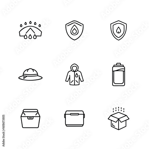 Set nine outline icons for water protection outdoor activities shield drop