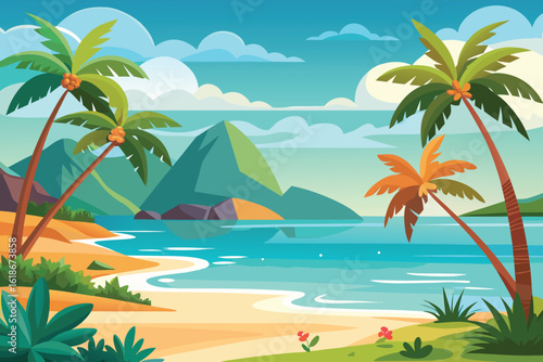  a picturesque tropical island landscape featuring a sandy beach, lush palm trees, clear blue water, and distant mountains under a bright sky vector illustration