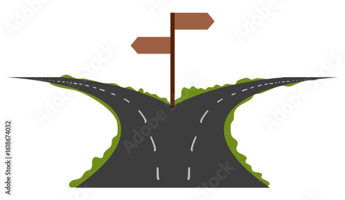 Split path illustration. Fork in the road, decision or choice, a career pathway or business decision making. The way to success. Choose the correct or incorrect way.