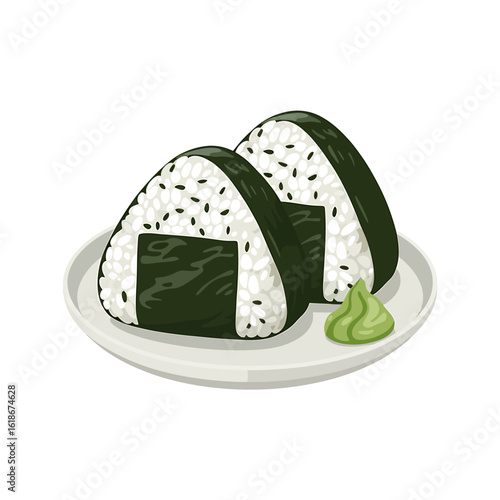 Delicious Onigiri Rice Balls with Seaweed and Wasabi on White Plate Representing Japanese Cuisine