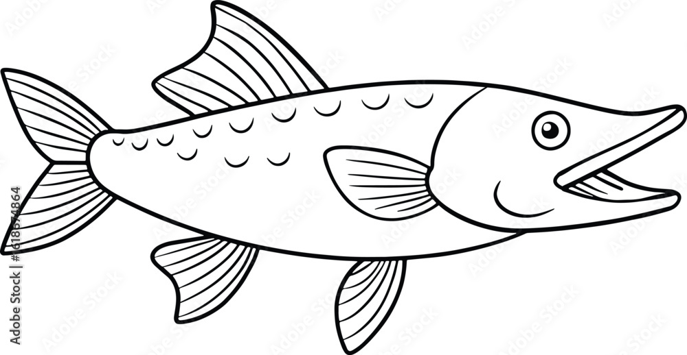 Fototapeta premium Pike fish bold line art with open mouth perfect for aggressive design themes and predatory aquatic illustrations