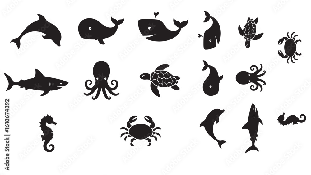 Fototapeta premium Set of Black Animal Silhouette Vector Icons on White Background – Wildlife, Pets, Birds & Marine Animals