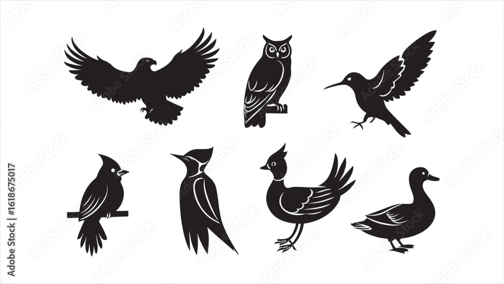 Obraz premium Set of Black Animal Silhouette Vector Icons on White Background – Wildlife, Pets, Birds & Marine Animals
