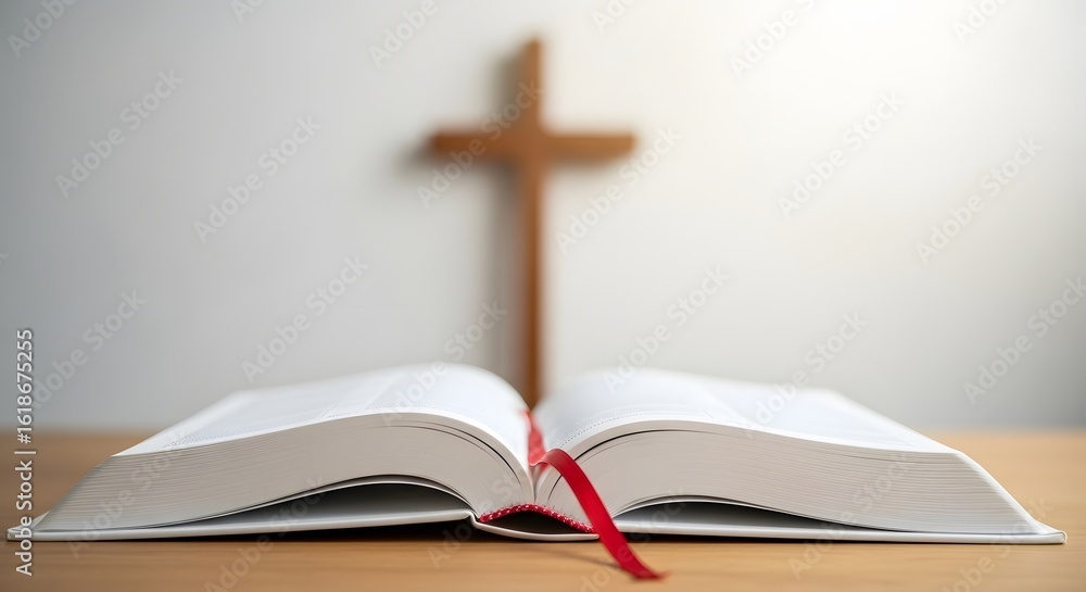 Naklejka premium Open bible with cross background, christian scripture study and prayer, faith and religion concept