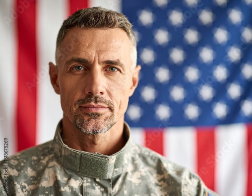 A focused portrait of a veteran in military uniform, with American flag background.