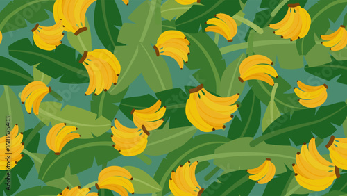 Banana and green banana leaf pattern seamless. Tropical fruit in doodle style vector illustration