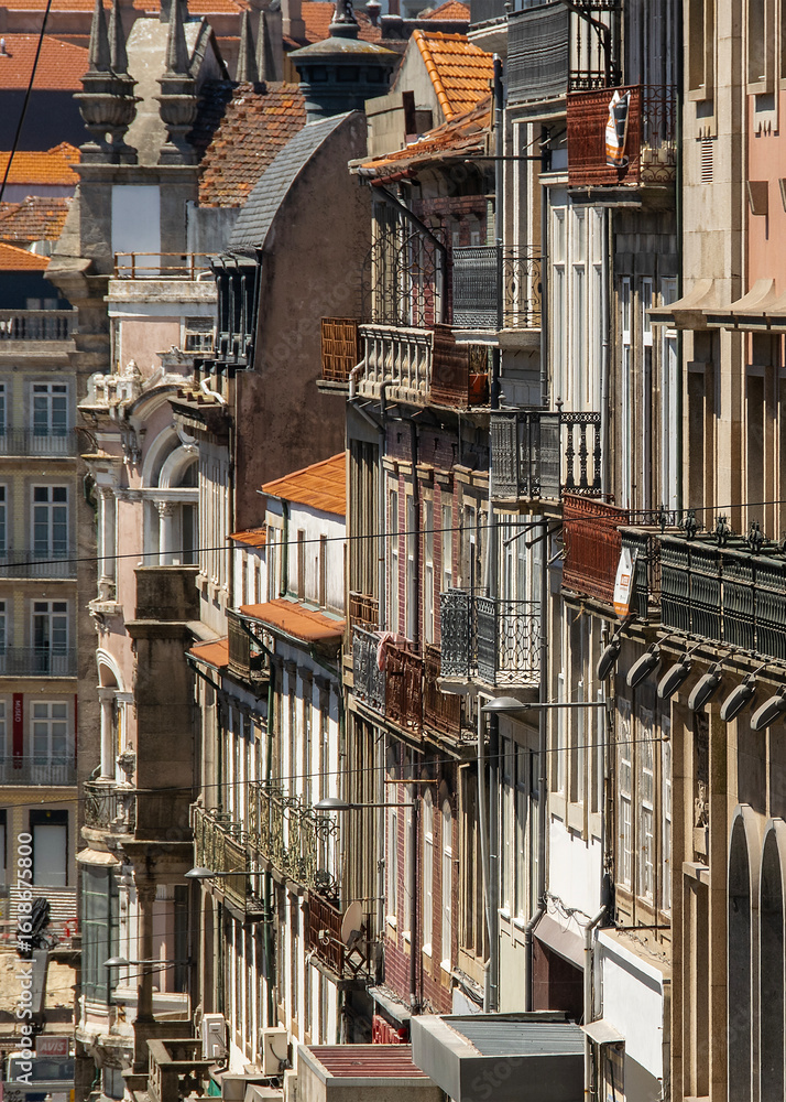 Fototapeta premium Ornate balcony facades historic center of porto city, portugal