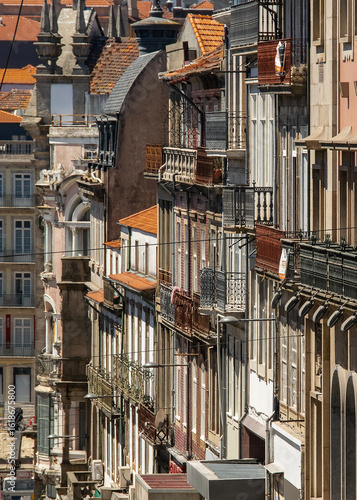 Ornate balcony facades historic center of  porto city, portugal