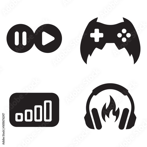 Illustration of play pause gamepad volume and headphones with flame icons