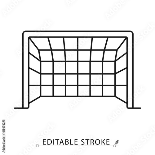 A goal net icon in minimalist style with editable stroke. Sport element, scoring structure, football goal, soccer equipment, competitive game, field object, training symbol, outline design