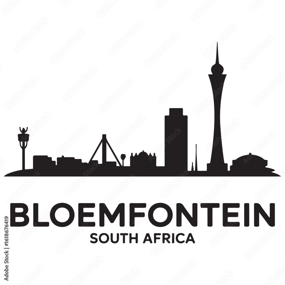 Fototapeta premium Bloemfontein skyline horizontal banner. Bloemfontein, South Africa. Vector template for your design. Vector black silhouette. with white background