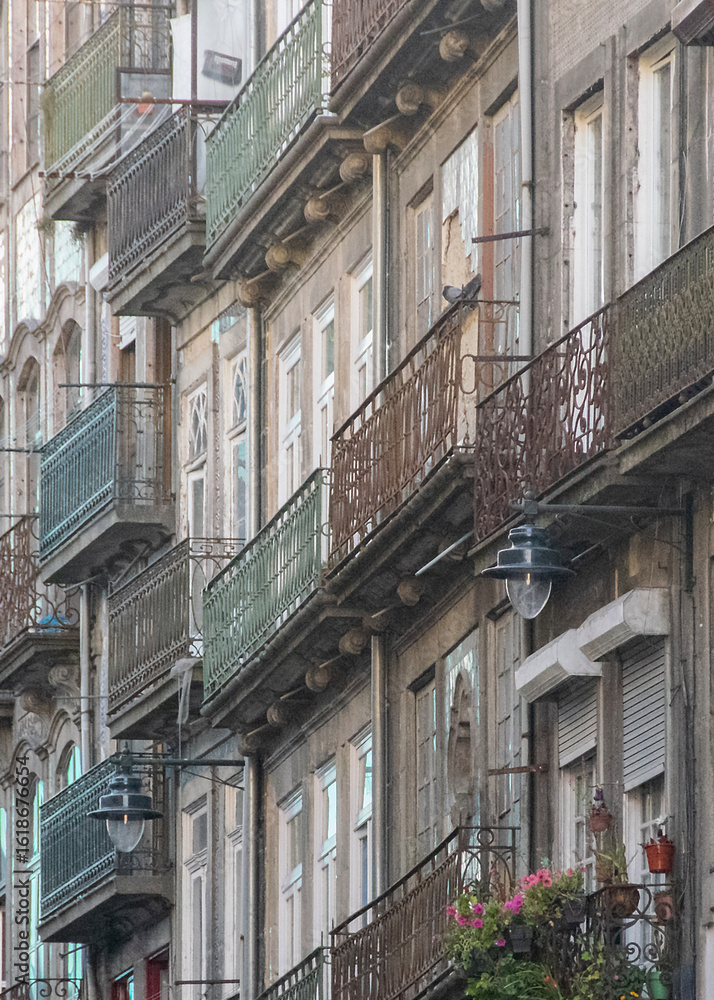 Fototapeta premium Ornate balcony facades historic center of porto city, portugal