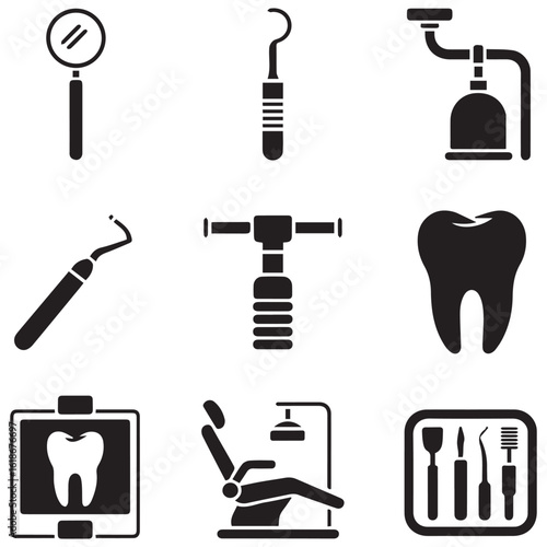 Collection of black and white icons representing dental tools and equipment used in dentistry and oral care