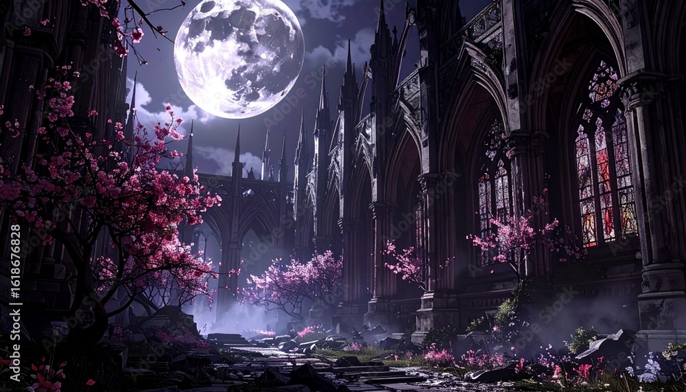Obraz premium Moonlight spills over a ruined gothic structure wrapped in shadow and blooming silence. The aged stone and faint glow from stained glass tell tales of a sacred place lost in time