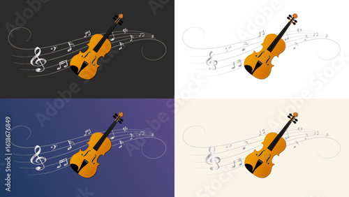 Set of 4 elegant violin instruments with silver music notes along a musical stave in 3D space with different colorful backgrounds, transparent background version included