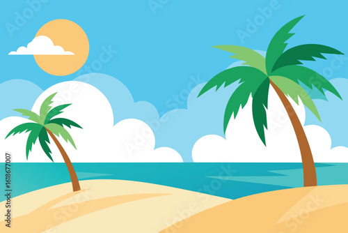  a charming flat illustration showcasing a tropical beach with palm trees and the sun shining brightly over the calm ocean and sandy shore vector illustration