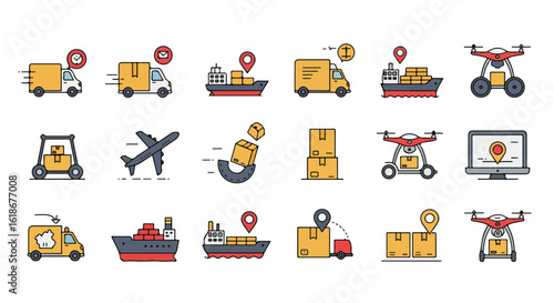 Logistics Delivery Icon Set, Global Shipping Vector Pack, Editable Transport Drone Icons