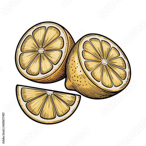Illustration of Fresh Yellow Lemons Cut in Half with a Slice Showing Juicy Segments on a White Background