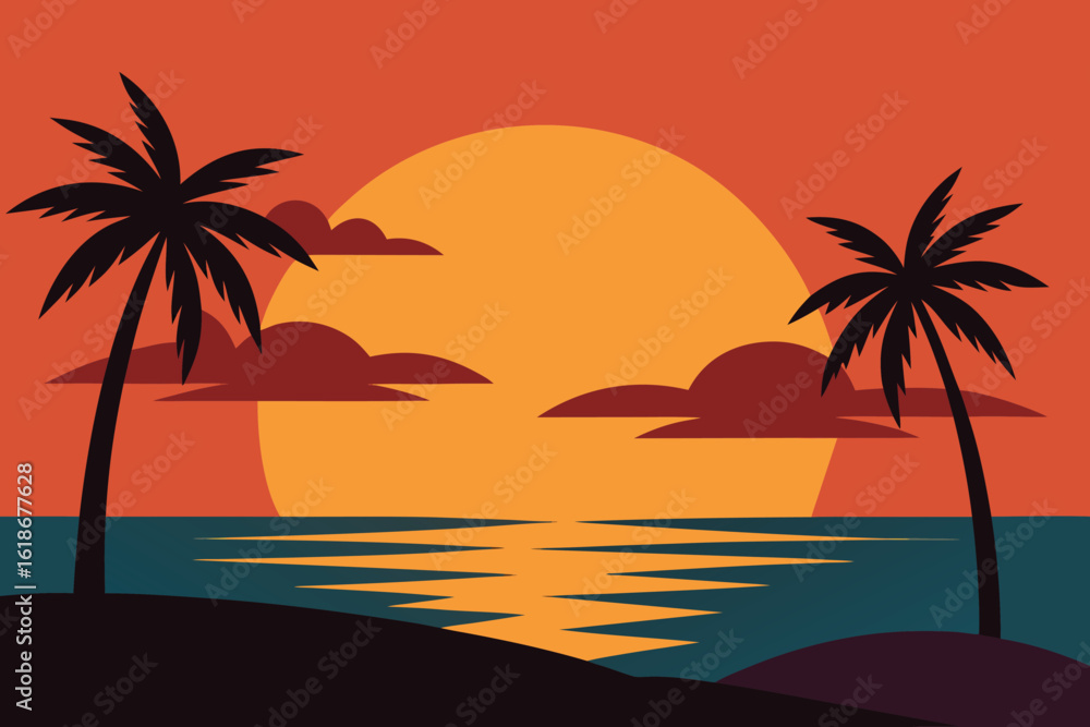 Obraz premium striking silhouette of palm trees against a fiery orange sunset over the calm ocean, creating a serene tropical beach scene vector illustration
