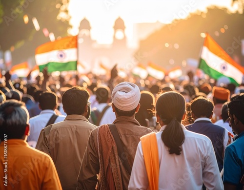 A large crowd of people, viewed from behind, celebrates with Indian flags at sunset, a monumental building in the background.
