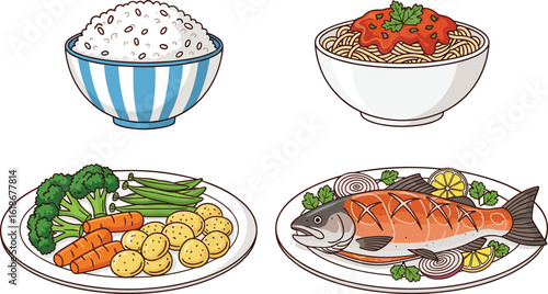 Printealthy food collection, rice bowl, pasta dish, mixed vegetables, grilled fish plate, balanced nutrition, clean eating, fresh ingredients