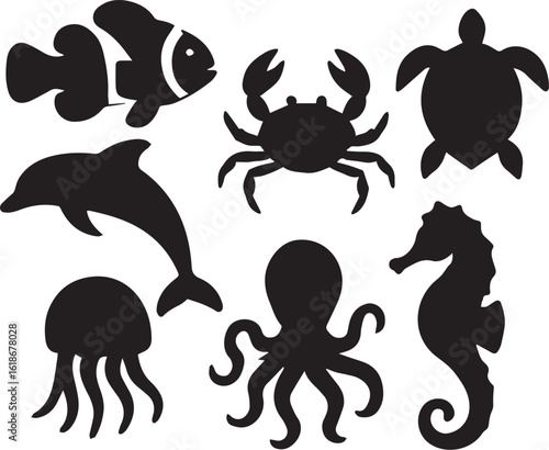 Ocean underwater animals sihouette set of dolphin, crab, seahorse, tortoise, octopus, jellyfish vectors