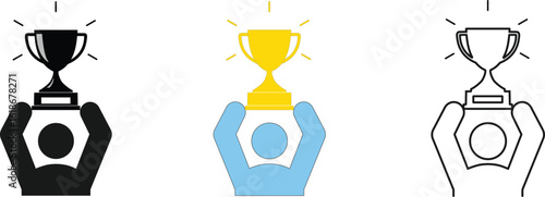 Victory Trophy Celebration Icons –  Minimalist Silhouettes of Person Holding Award in Black, Blue, and Outline Styles on White Background