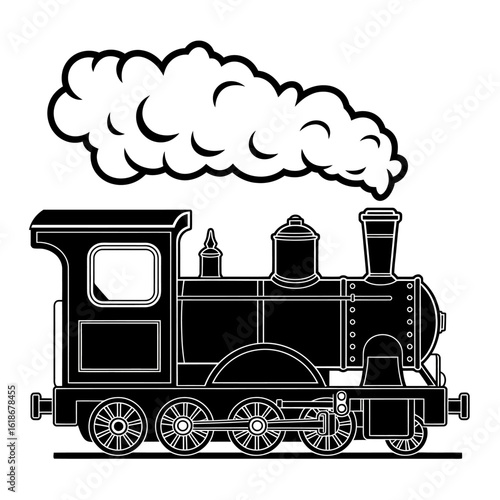 Vintage steam train black and white vector illustration locomotive with smoke isolated on white background transport technology and historical design element