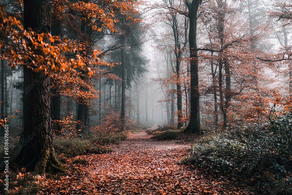 Fototapeta premium Enchanting forest scene in autumn, featuring a path covered with fallen leaves and vibrant orange foliage. A soft morning mist fills the woods, creating a moody and atmospheric landscape. Perfect for 