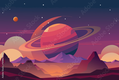  vibrant illustration of a ringed planet in a colorful alien landscape with mountains and a distant moon under a starry sky vector illustration