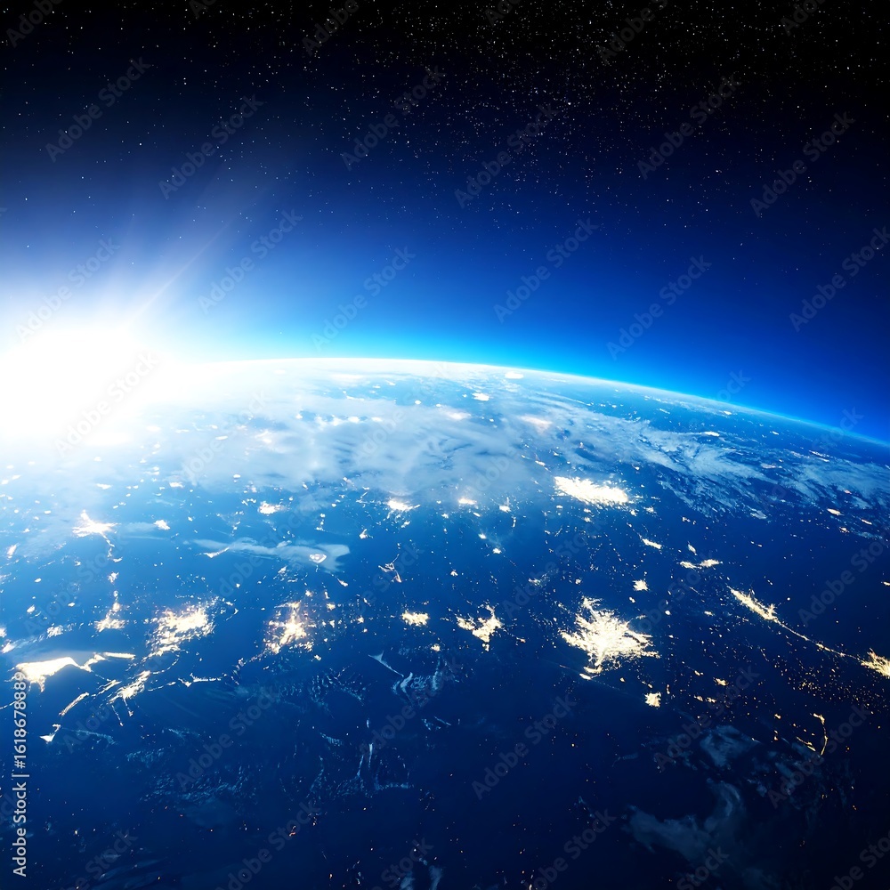 Fototapeta premium Earth's surface at dawn, seen from space. Vast expanse of blue and white