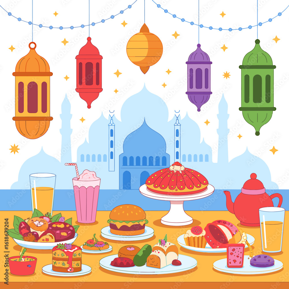 Fototapeta premium Celebration of Ramadan with Traditional Food Sweets and Decorations a Festive Gathering with Mosque Silhouette Background for Cultural Occasions