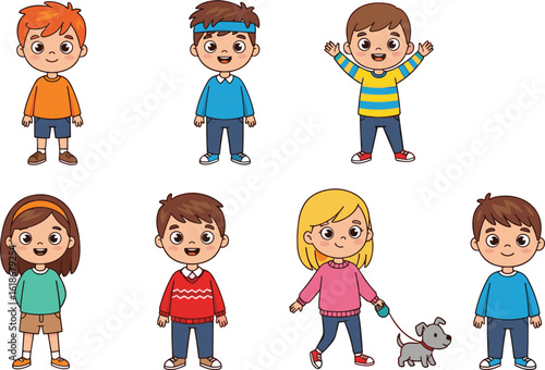 PrintGroup of diverse cartoon children smiling, fun vector characters with colorful clothes, joyful expressions, perfect for education, design, and storytelling projects