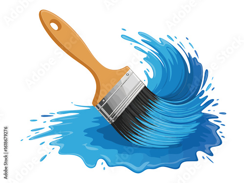 Artistic illustration of a paint brush creating a wave of blue paint on a white background for creative concepts