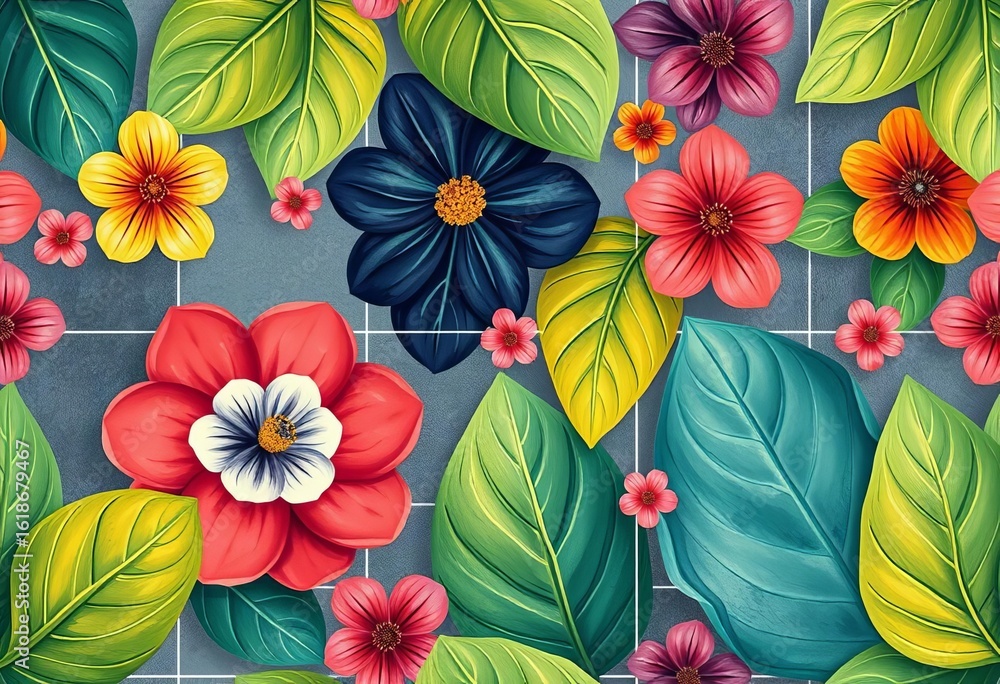 Fototapeta premium Seamless summer floral wallpaper, Memphis style organic blots, painted leaves tile background, surface, stylish